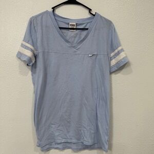 PINK Victoria's Secret Light Blue V Neck T Shirt Women's Size L Athletic Striped